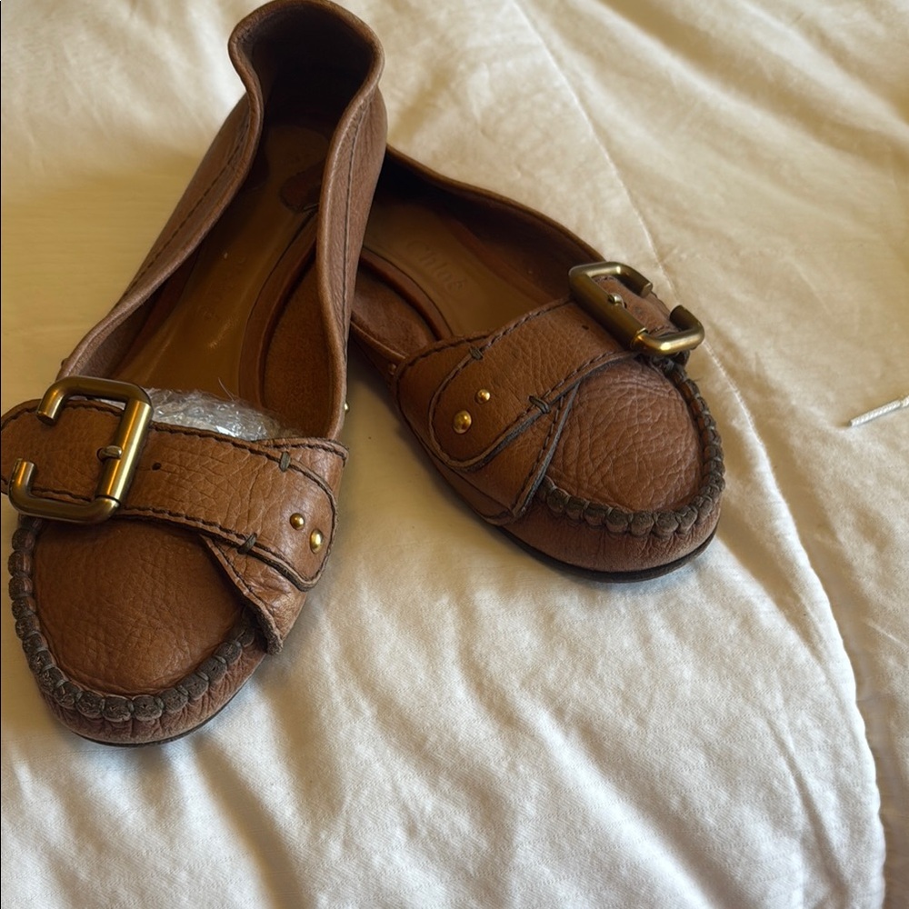 Chloe Brown Leather Flats with Classic Buckle Design